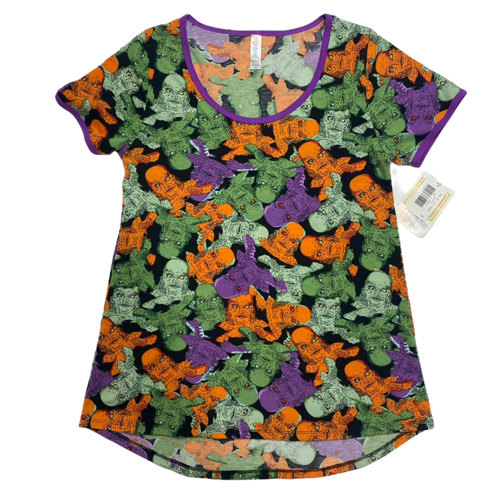 LulaRoe Classic T shirt XS Halloween swamp sea monster print purple orange green